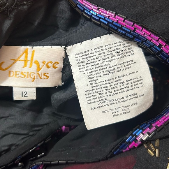 Vintage Alyce Designs Beaded Sequin Dress Black Purple Long Sleeve Evening Gown - Picture 2 of 12